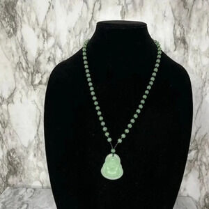 JADE light Green Hand Carved Maitreya Buddah Pendant Necklace